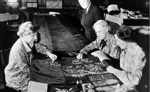 Royal School of Needlework working on The Queen's Coronation Robe