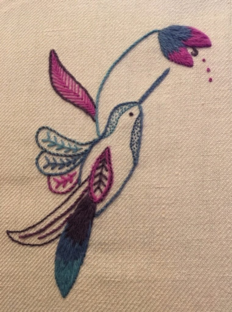 Crewelwork Hummingbird made by rsn course student