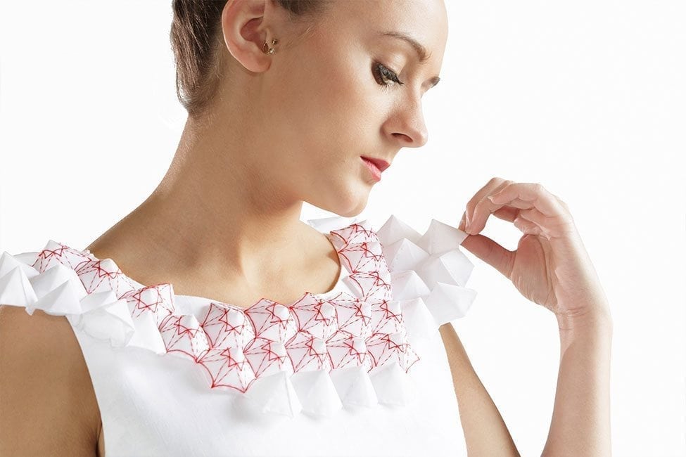 Shauna White a-line dress with sculptural embroidered neckline