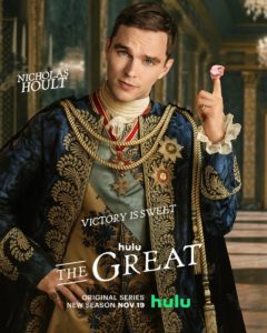 Nicholas Hoult in victorian attire in advertising poster for hulu show the Great