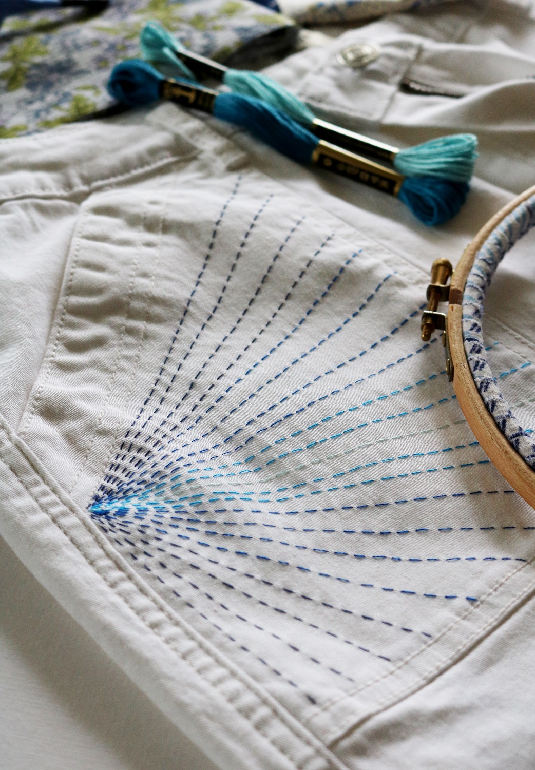 Blue thread stitched lines