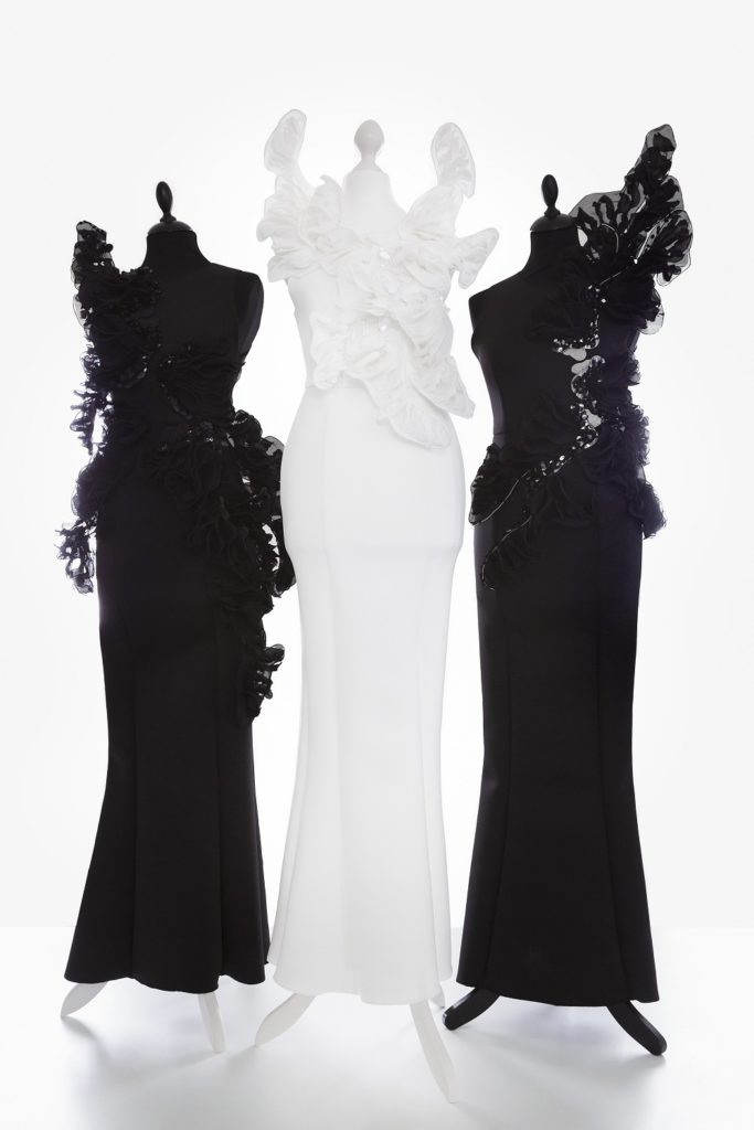 Black and white feathery three dresses